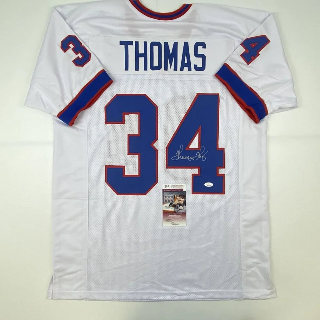 Autographed White Custom Jersey with THOMAS 34 for NFL Sports League fans