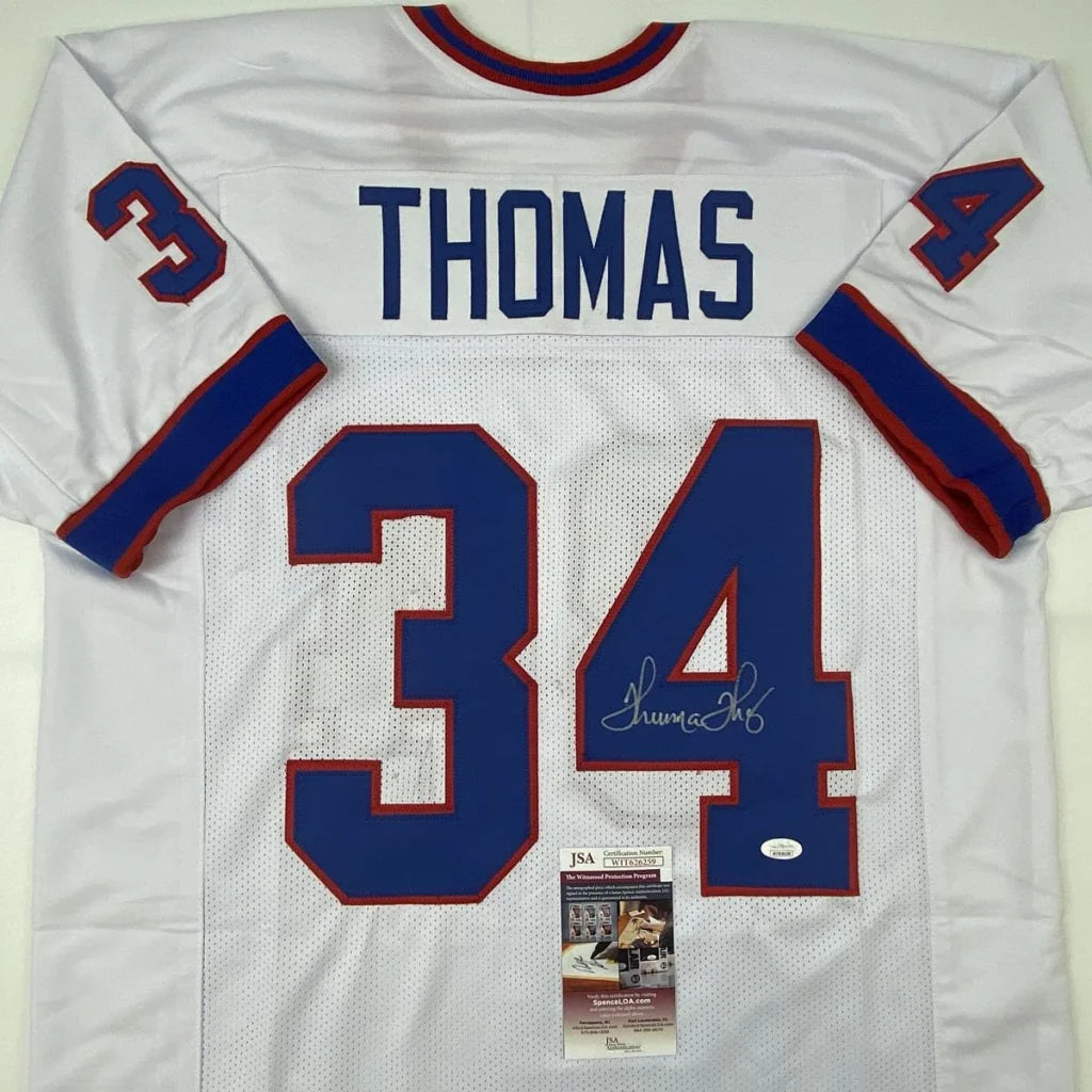 White custom jersey with blue and red accents from the Thomas 34 autographed football collectible in professional sports league