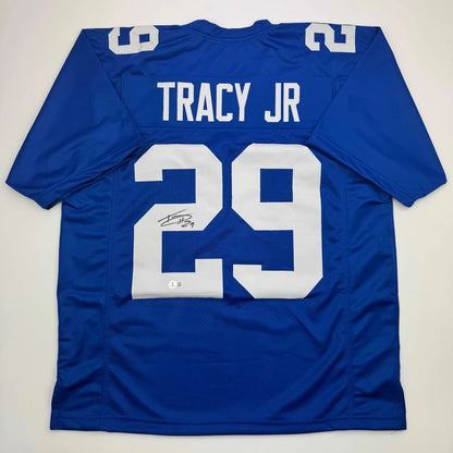 Blue custom jersey with TRACY JR 29 autograph, perfect for pro sports fans