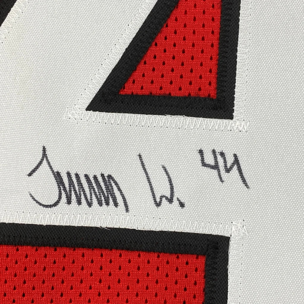 White custom jersey with red and black accents, signed, number 44, for professional sports fans
