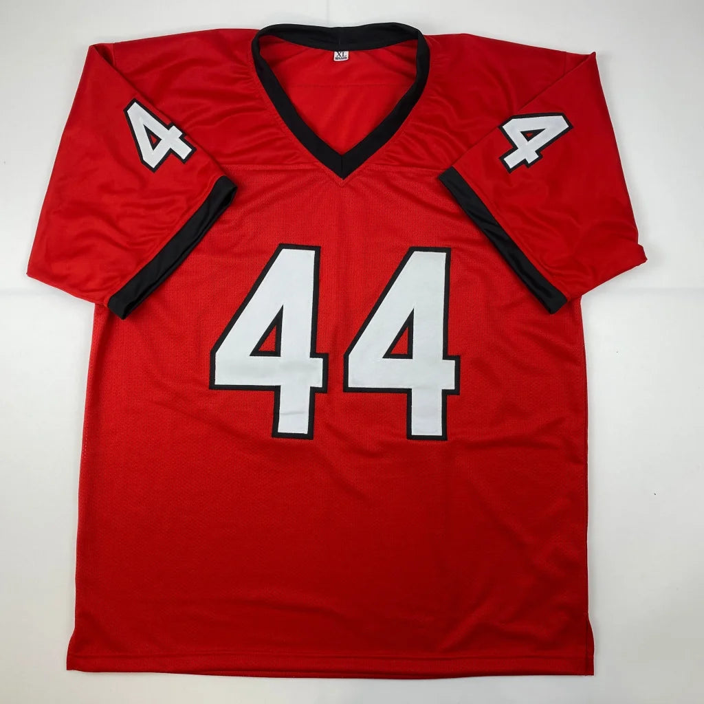 Red custom jersey with black trim and white numbers for professional sports fans