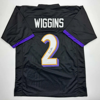 Black custom jersey with Wiggins name and number 2 in white purple for pro sports