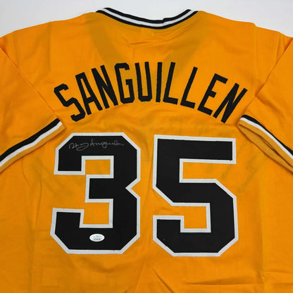 Signed Ozzie Sanguillen yellow custom jersey with black accents, pro sports style