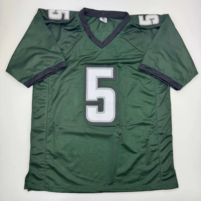 Dark green custom sports jersey with black trim and white number 5 for professional sports