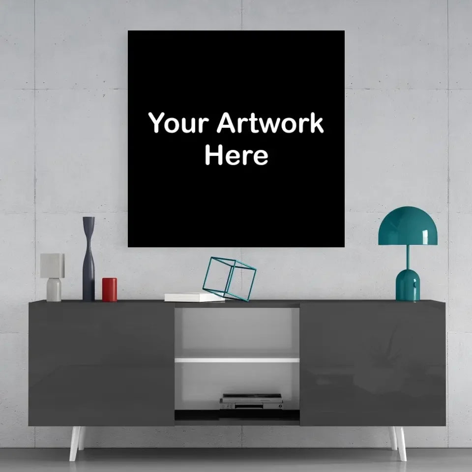 Black canvas with white your artwork here text on digital printed glass art