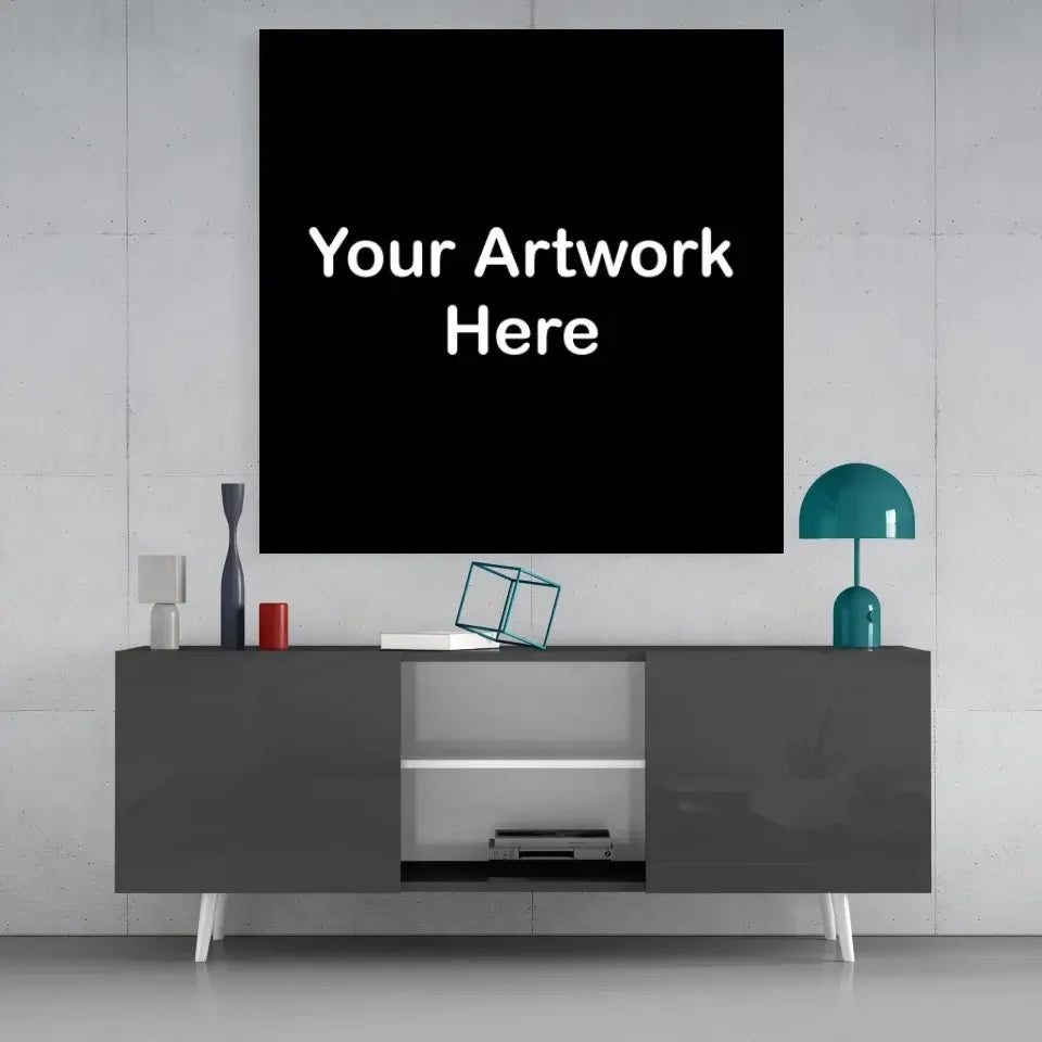 Black canvas with white text your artwork here on digital printed glass art