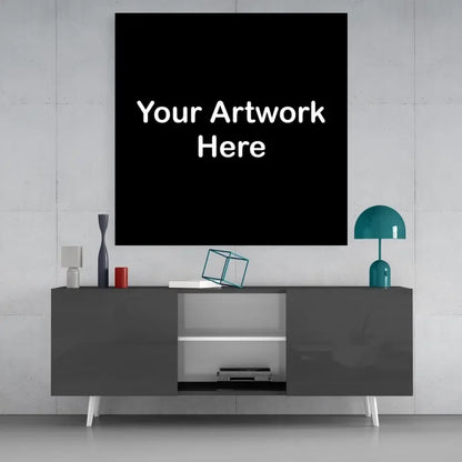 Black canvas with white text your artwork here on digital printed glass art