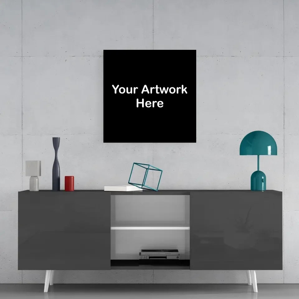 Black square printed glass art canvas with your artwork here text