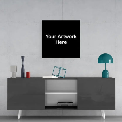 Black square printed glass art canvas with your artwork here text
