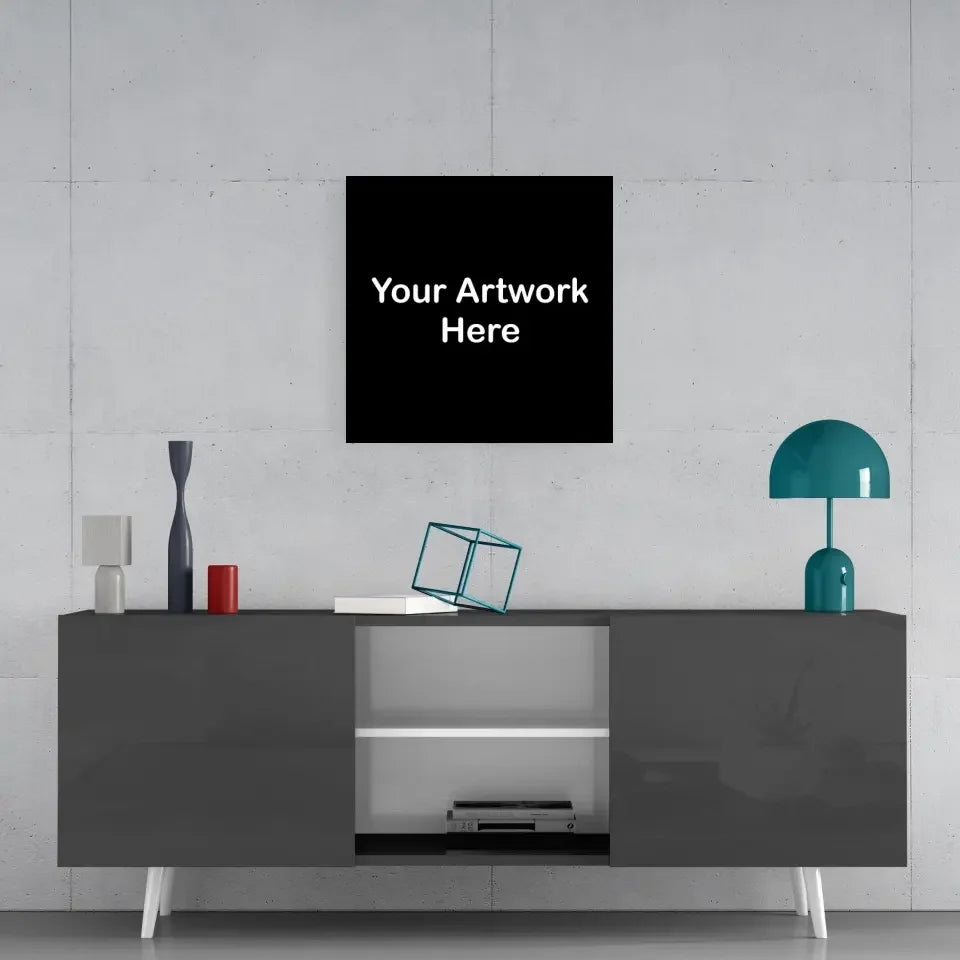 Black square printed glass art canvas with centered Your Artwork Here text