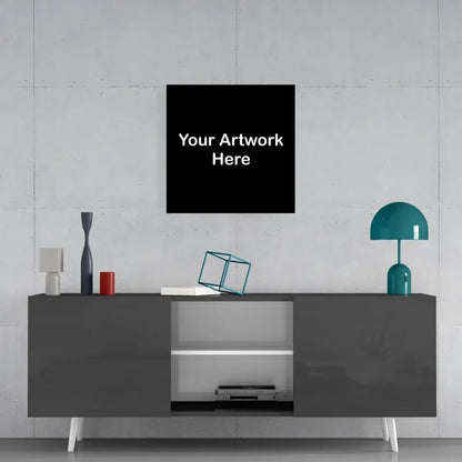 Black square printed glass art canvas with centered Your Artwork Here text