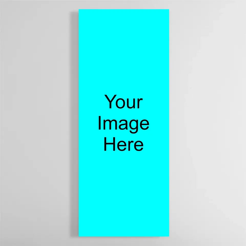 Vibrant cyan digital printed glass art with centered black text