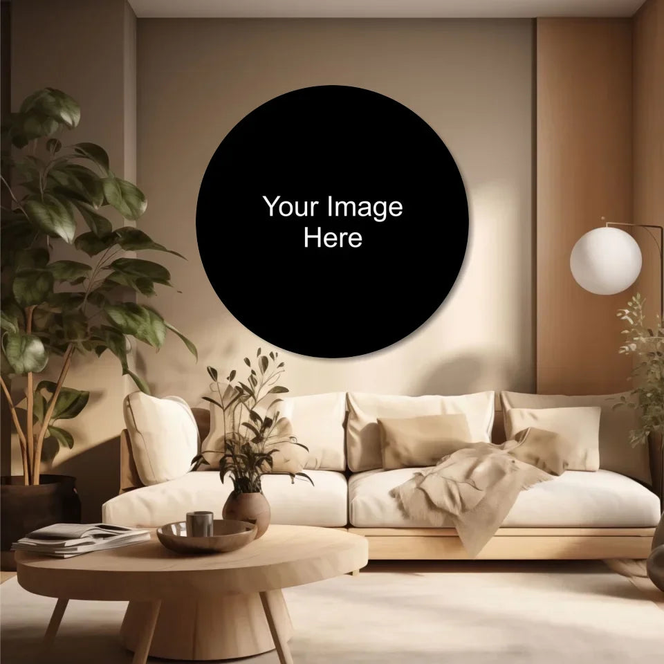 Black circular digital printed glass art with white text