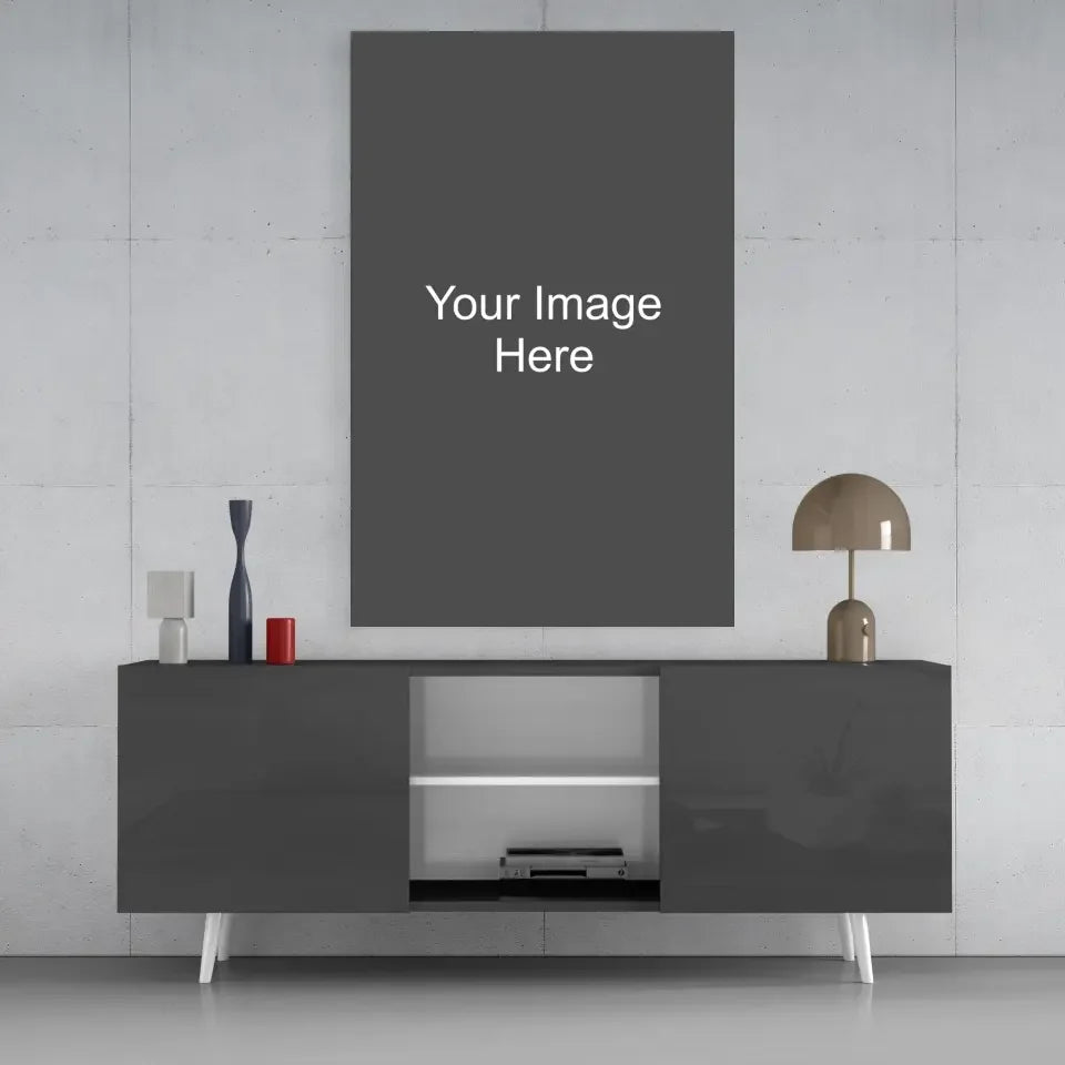 Gray printed glass art canvas with white placeholder text