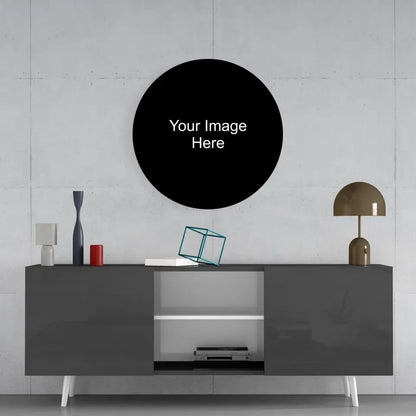Black circular digital printed glass art with white text
