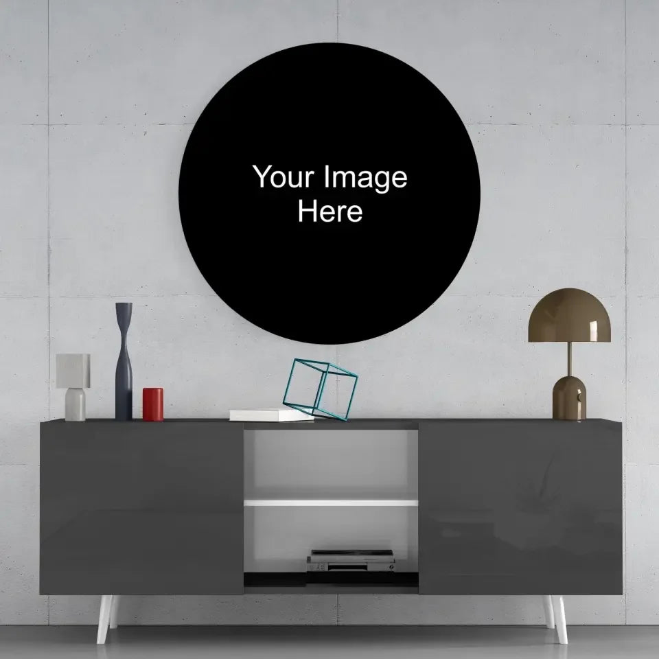 Stunning black circular digital printed glass art with white text