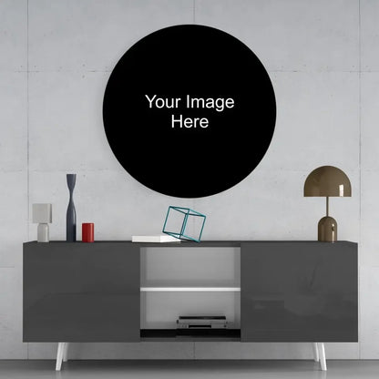 Stunning black circular digital printed glass art with white text