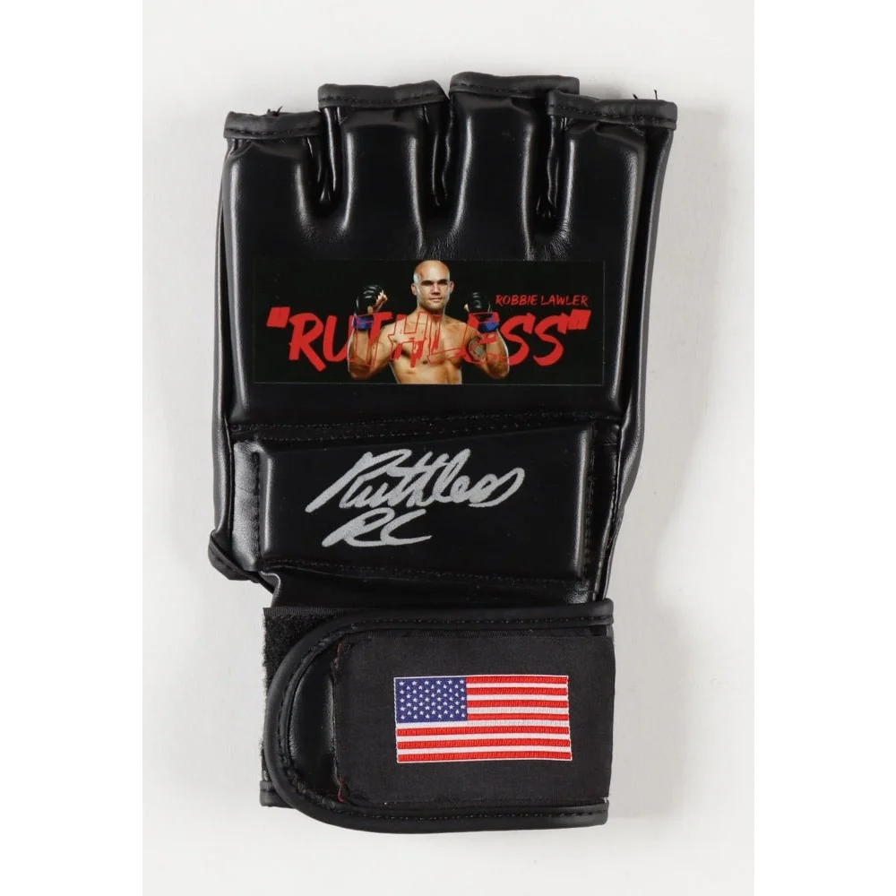 Black MMA glove with Robbie Lawler graphic, autograph, and USA flag patch for custom USA fans