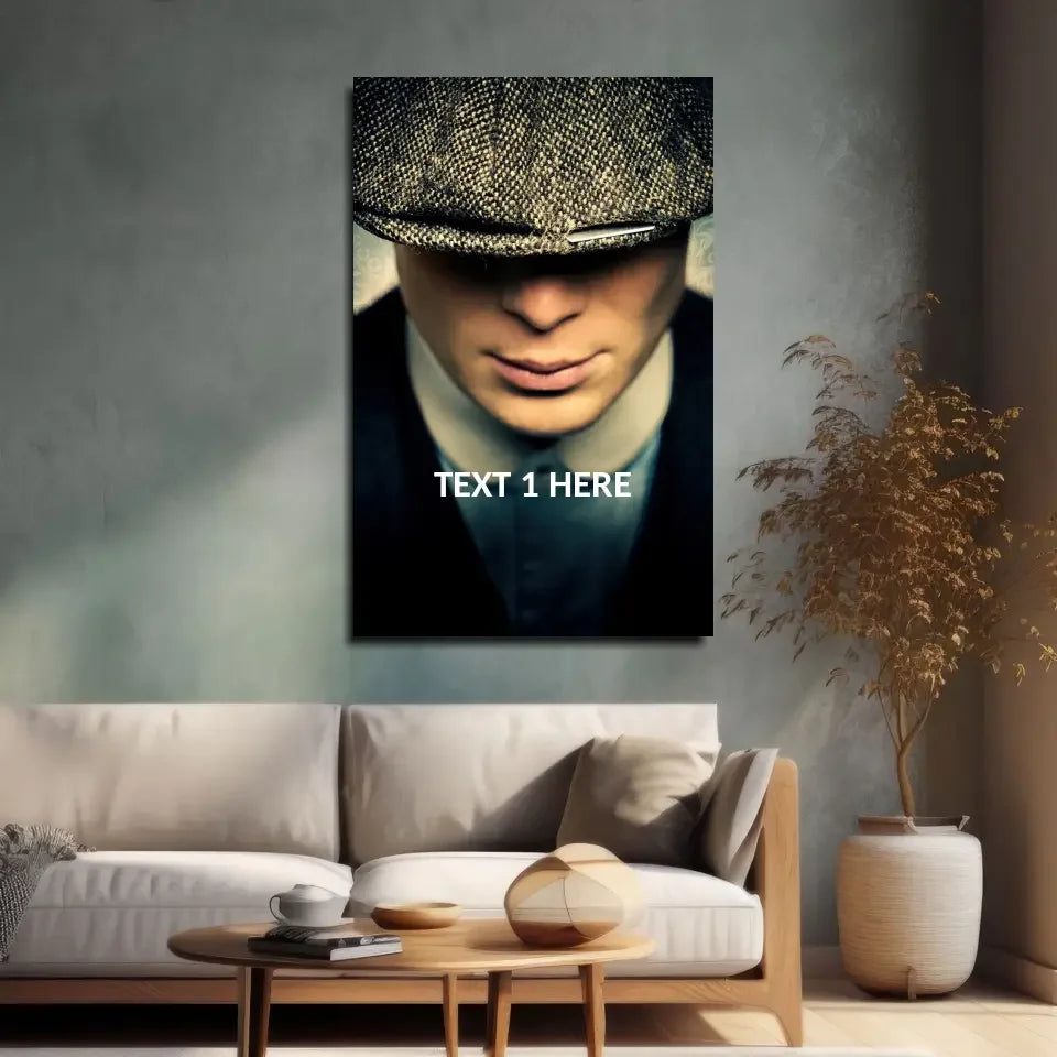 Black-and-white man in flat cap glass wall art above sofa