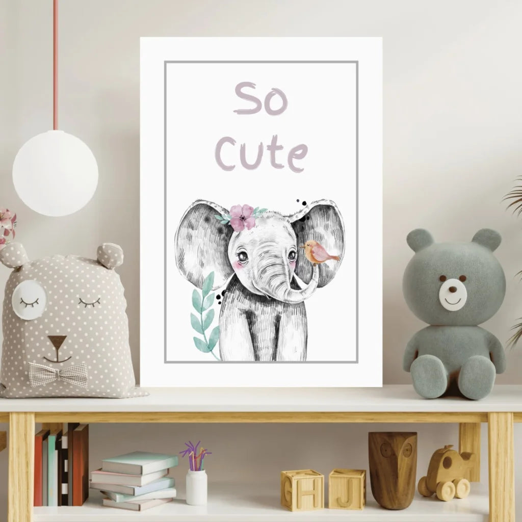 Framed gray white watercolor elephant with pink flowers insigne aluminum print