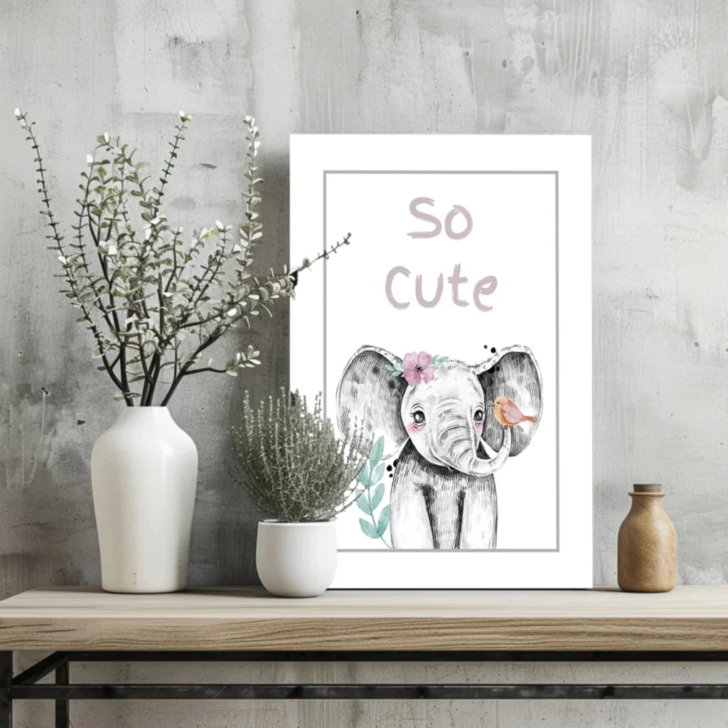 Adorable elephant insigne aluminum print with pink flowers and cute bird