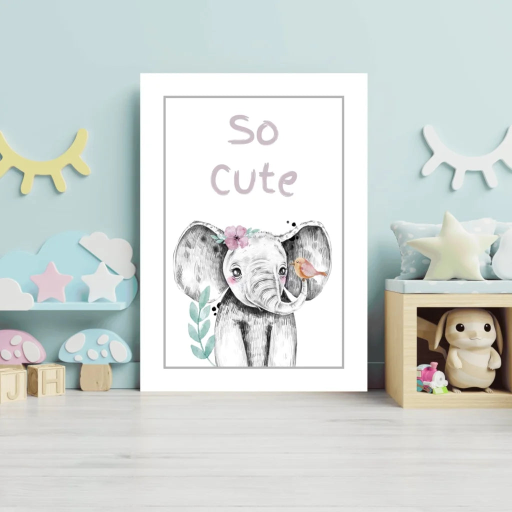 Cute elephant insigne aluminum print with pink flowers and bird