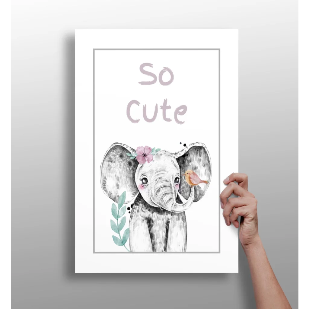 Charming gray baby elephant with pink flowers on insigne aluminum print