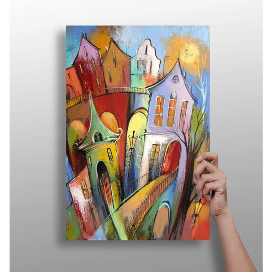 Vibrant cityscape abstract on insigne aluminum prints with sunset sky