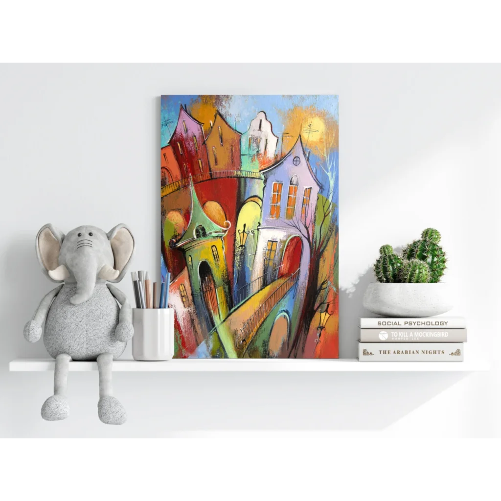 Vibrant abstract cityscape on insigne aluminum print with sunset hues
