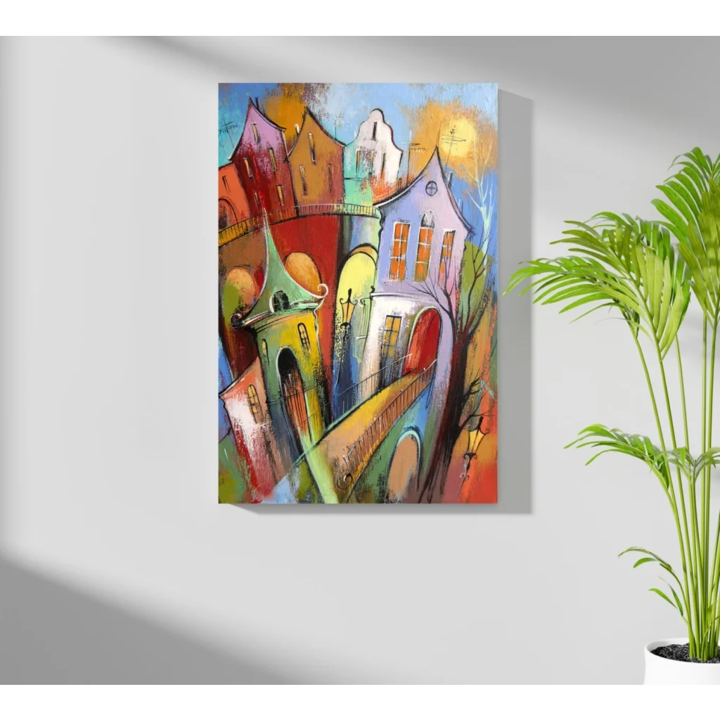 Vibrant cityscape on insigne aluminum print in reds, blues, greens