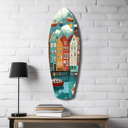 Vibrant Canal Houses Tempered Glass Art Surfboard Wall Piece | Contemporary Home Wall Art | vintageantiquesgifts.com