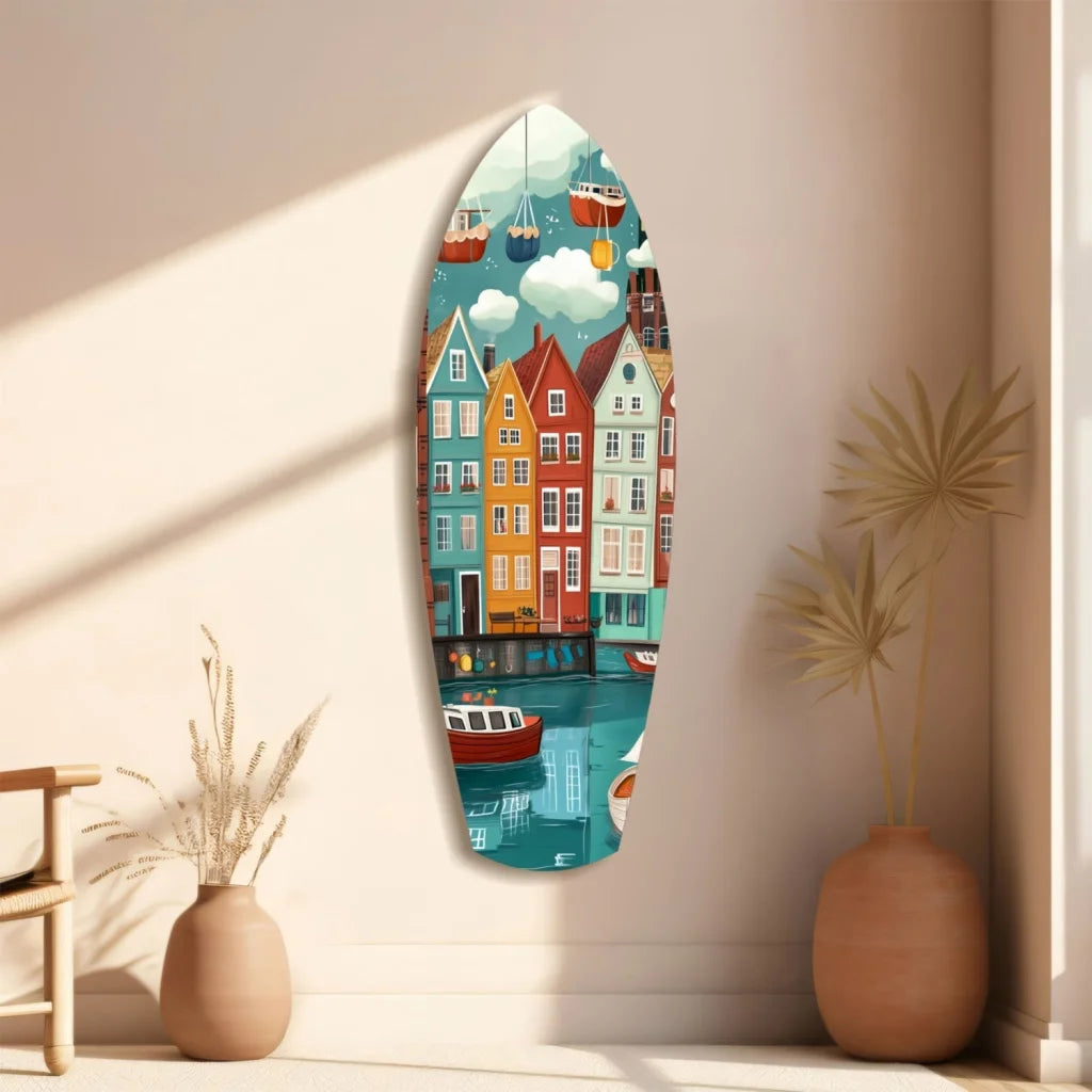 Vibrant canal houses tempered glass art surfboard wall piece
