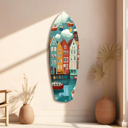 Vibrant canal houses tempered glass art surfboard wall piece