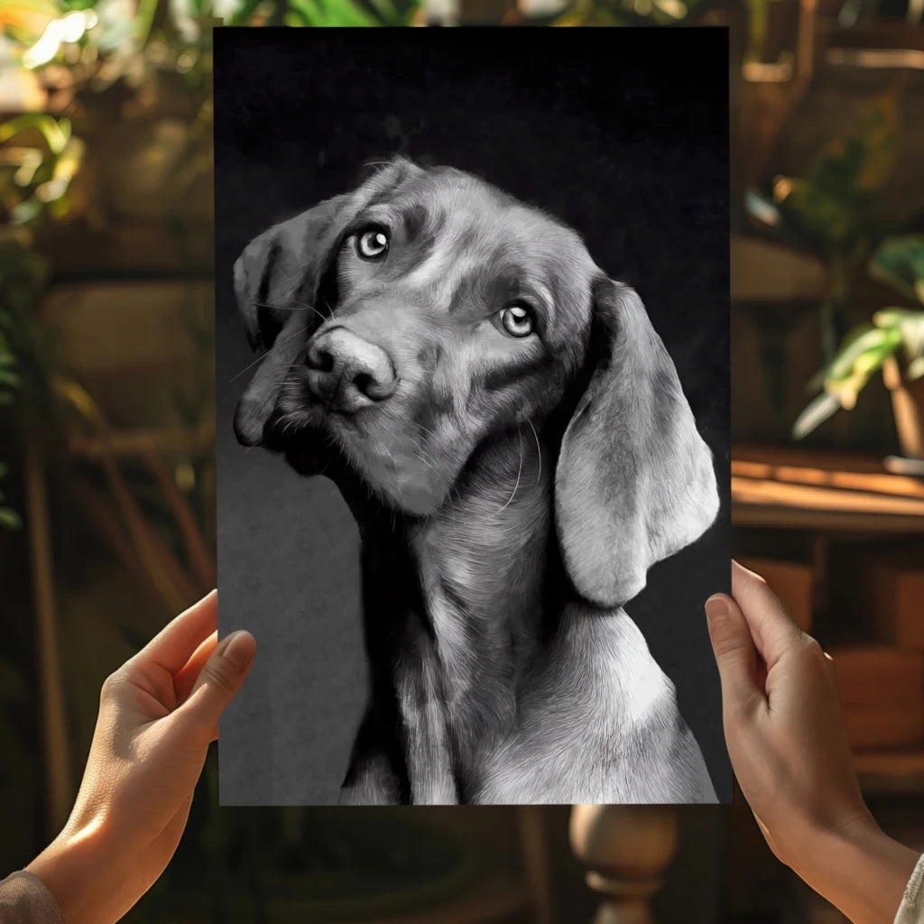 Detailed black and white Weimaraner portrait on Insigne aluminum print