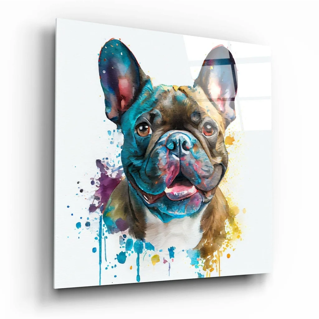 Vibrant French Bulldog Glass Wall Art with Bold Paint Splashes | Insigneart USA | vintageantiquesgifts.com