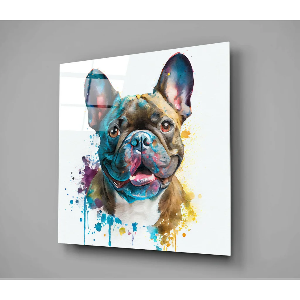 Vibrant French Bulldog Glass Wall Art with Bold Paint Splashes | Glass Wall Art Print | vintageantiquesgifts.com