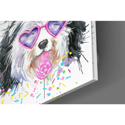 Fluffy dog in pink shades with lollipop on vibrant colors tempered glass art