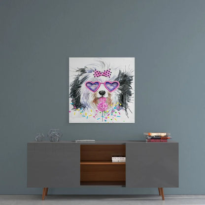 Fluffy dog in heart sunglasses on playful pup tempered glass art