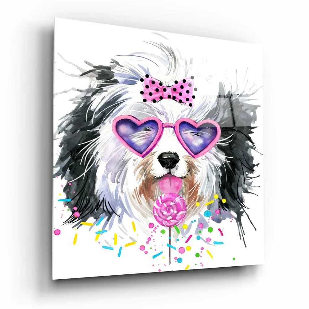 Fluffy black and white pup in pink heart sunglasses on playful pup tempered glass art