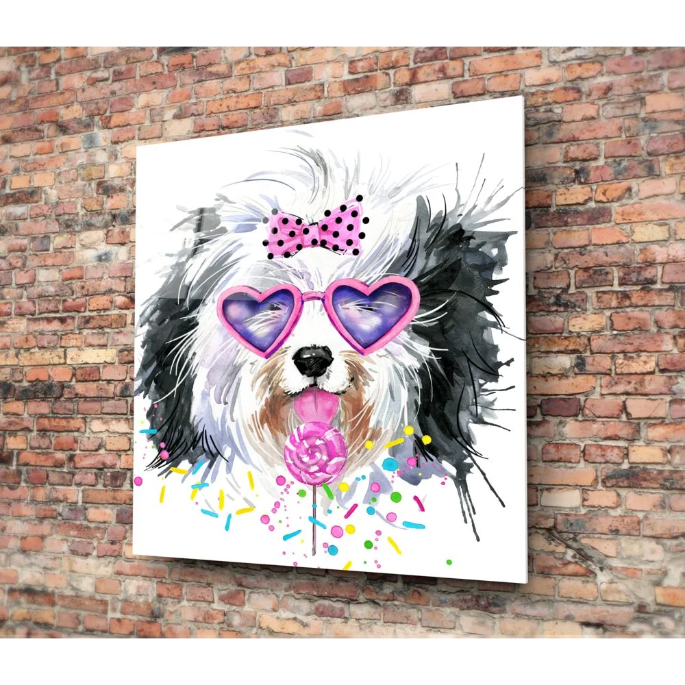 Playful pup tempered glass art of dog in heart sunglasses