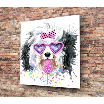 Playful pup tempered glass art of dog in heart sunglasses