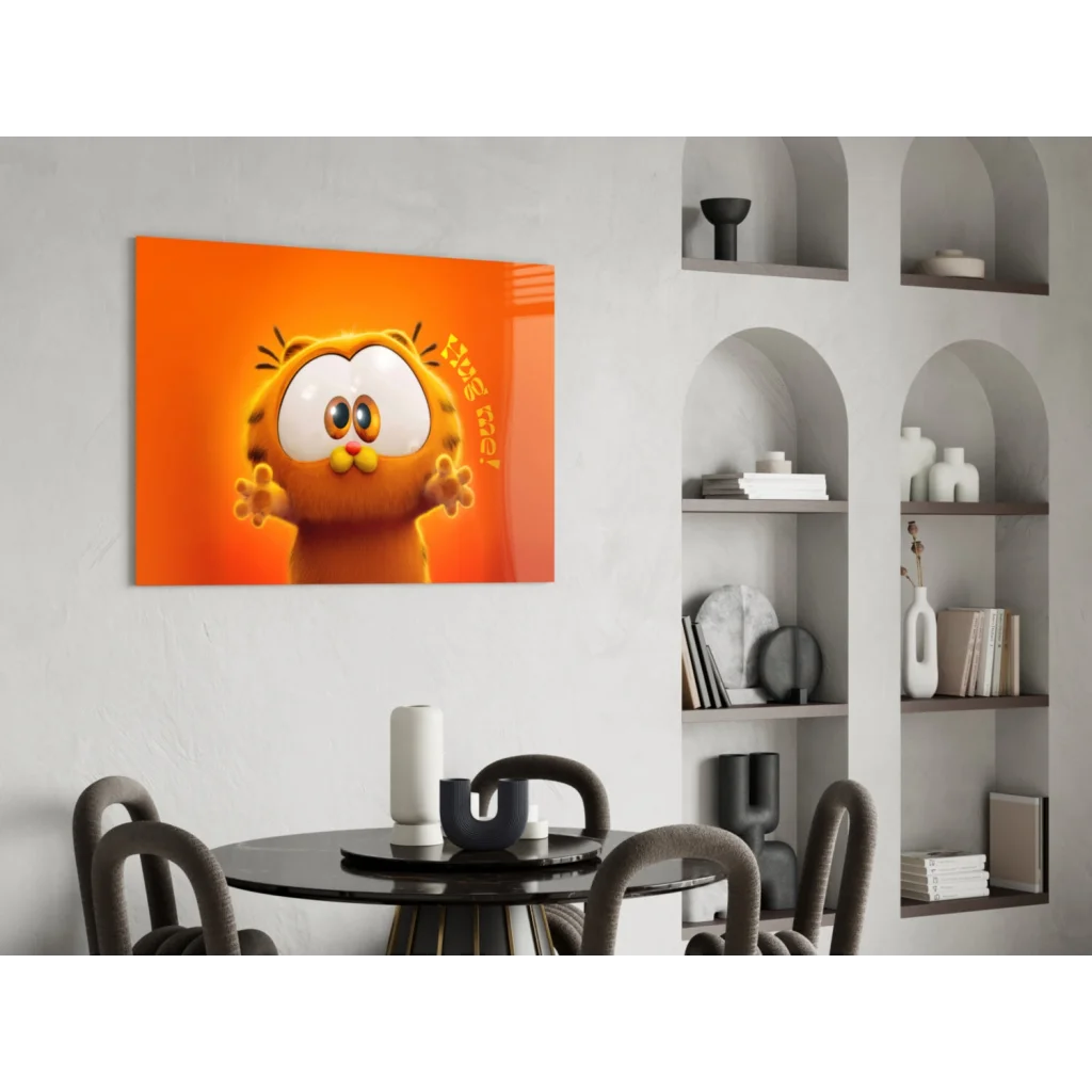 Vibrant orange Garfield glass wall art print with glossy hug me finish