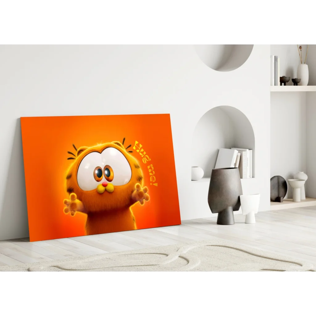 Adorable Garfield hug me canvas wall art print with cartoon cat wide eyes raised paws orange background