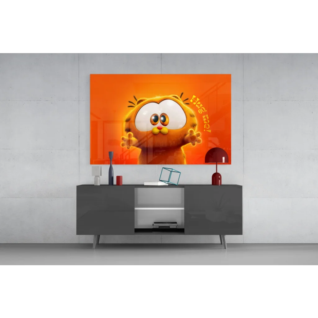 Vibrant Garfield hug me glass wall art print with bold yellow text