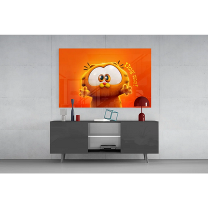 Vibrant Garfield hug me glass wall art print with bold yellow text