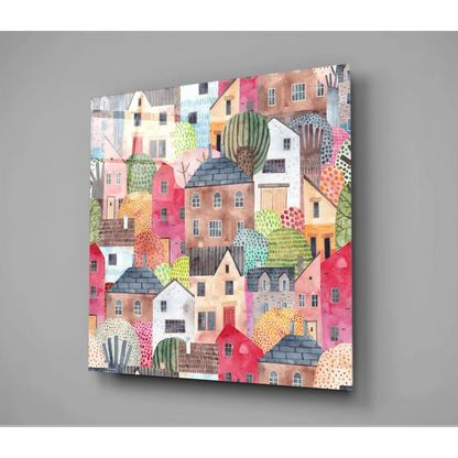 Whimsical Village Watercolor Canvas Wall Art Print | Glass Wall Art Print | vintageantiquesgifts.com