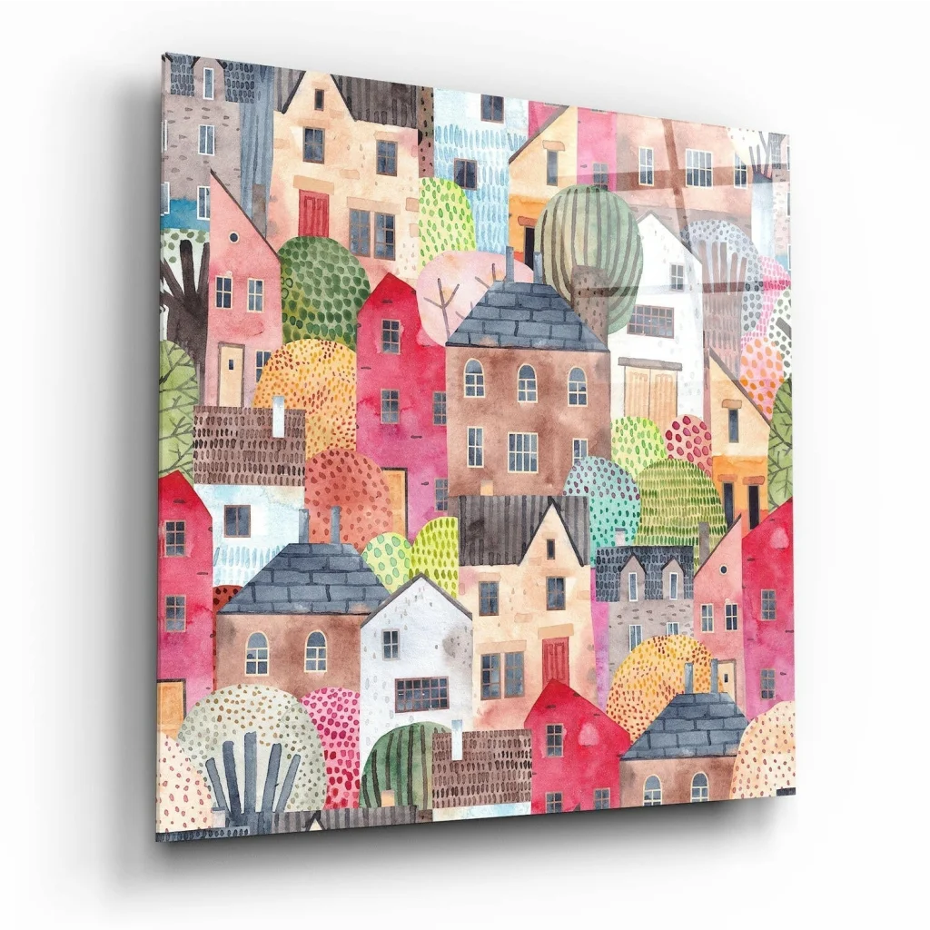 Whimsical Village Watercolor Canvas Wall Art Print | Insigneart USA | vintageantiquesgifts.com
