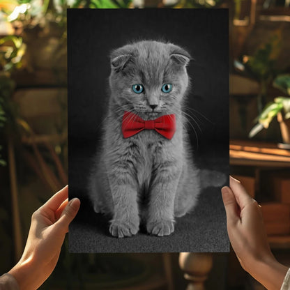 Dapper gray Scottish Fold kitten in red bow tie on insigne aluminum print