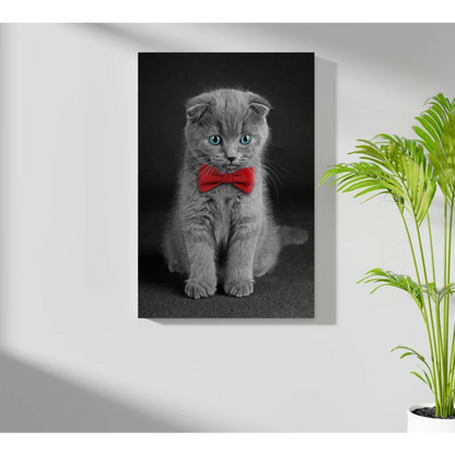 Dapper gray Scottish Fold kitten insigne aluminum print with blue eyes and red bow tie