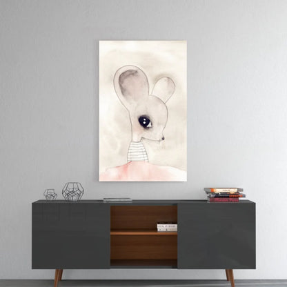 Adorable mouse watercolor wall art with striped collar and big eyes